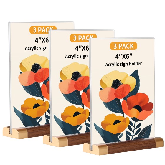 Acrylic Sign Holder 4"x 6" with Wood-Color Base, Mini Tabletop Double-Sided Display Sign Frame Vertical Clear for Store/Coffee Shop/Restaurant Menu Hotel/Office Display Holder, 3 Pack T Shape